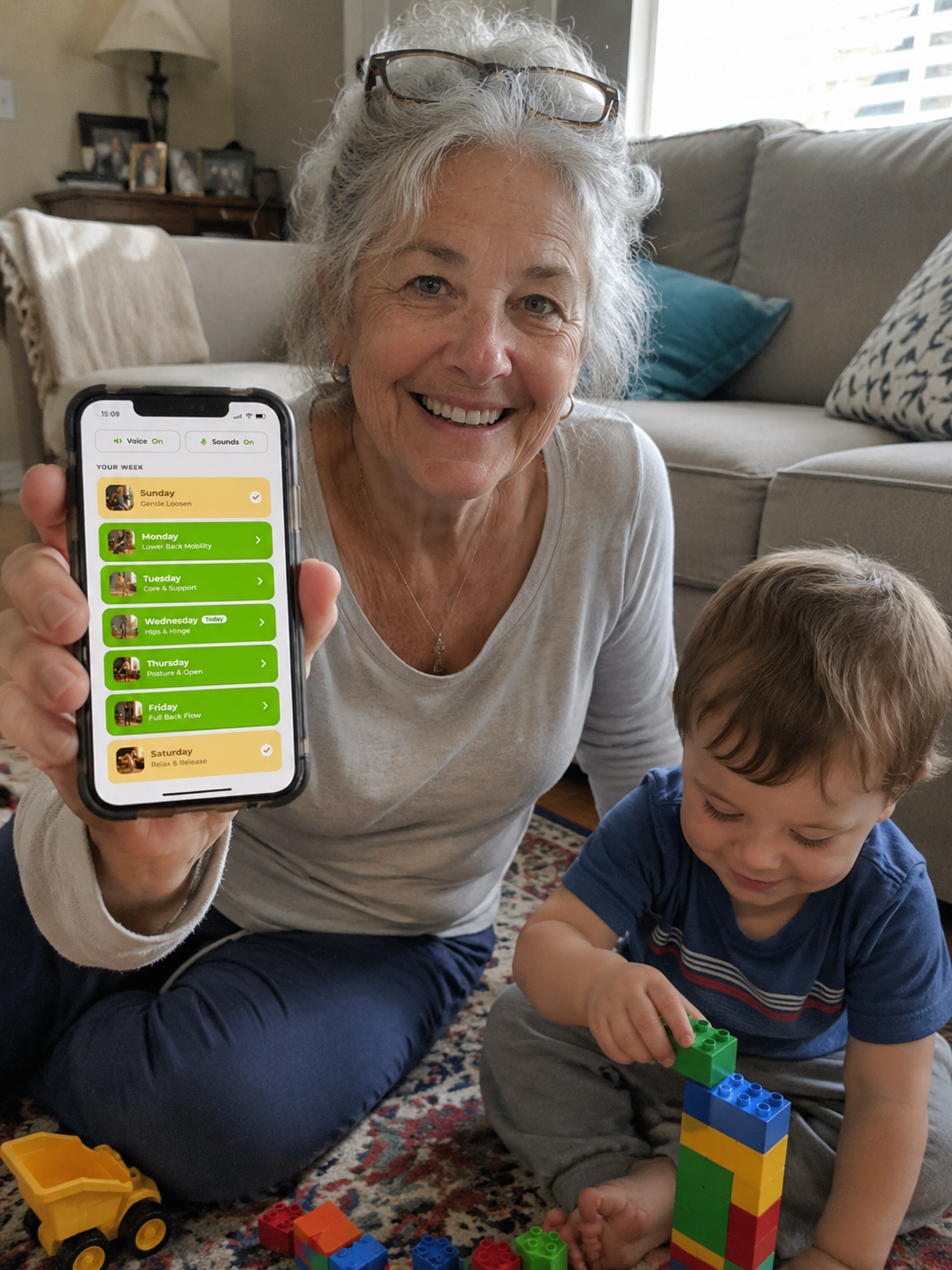 Woman using SpineZERO on her iPhone, with the app screen visible.